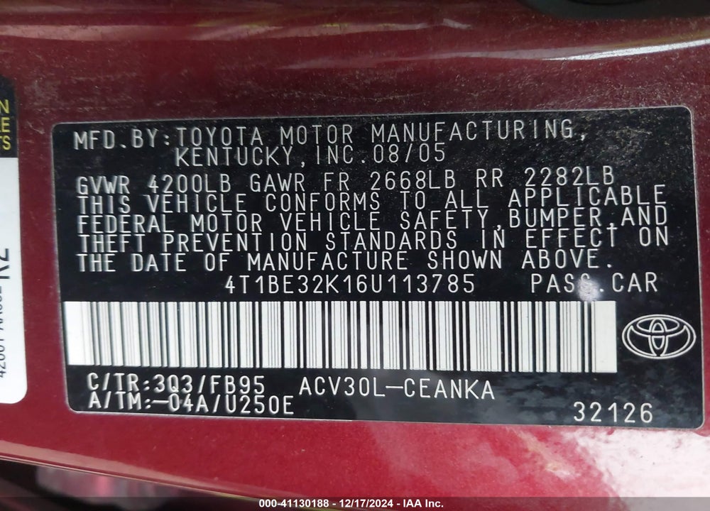 2006 TOYOTA CAMRY LE VIN: 4T1BE32K16U113785