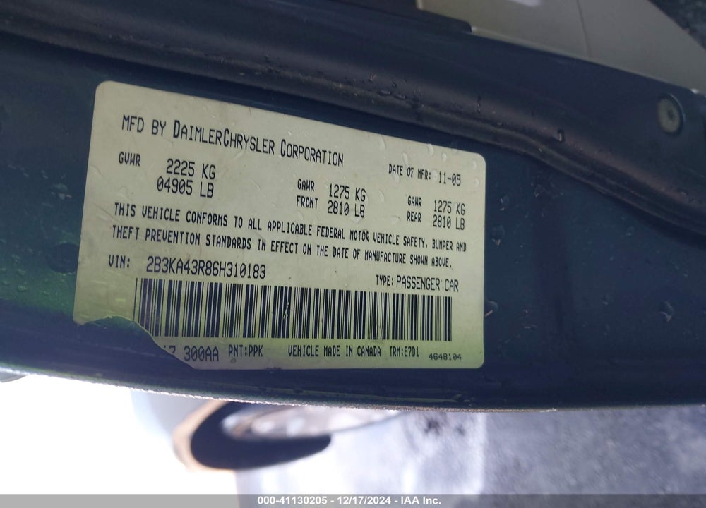 2006 DODGE CHARGER VIN: 2B3KA43R86H310183