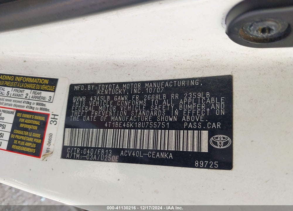 2008 TOYOTA CAMRY LE VIN: 4T1BE46K18U755751