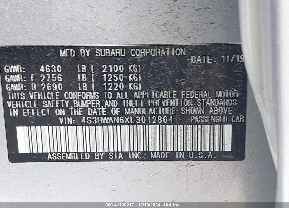 2020 SUBARU LEGACY LIMITED VIN: 4S3BWAN6XL3012864