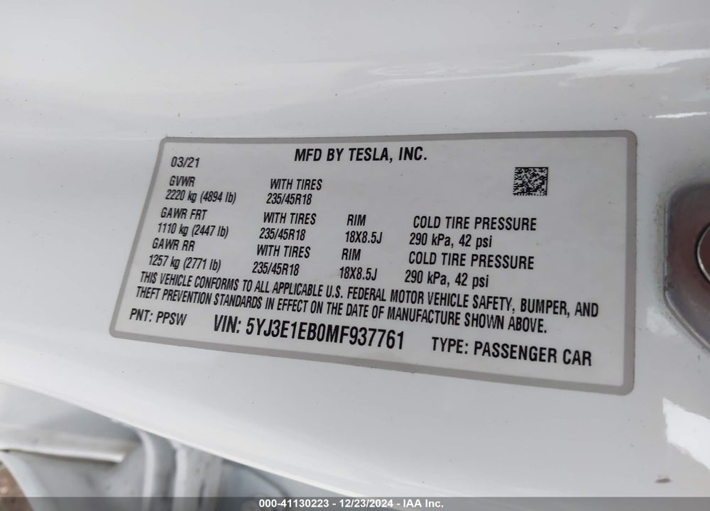 2021 TESLA MODEL 3 VIN: 5YJ3E1EB0MF937761