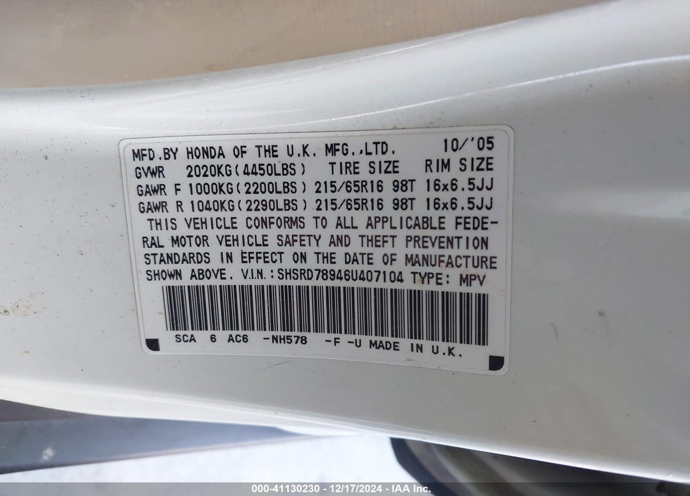 2006 HONDA CR-V SE VIN: SHSRD78946U407104