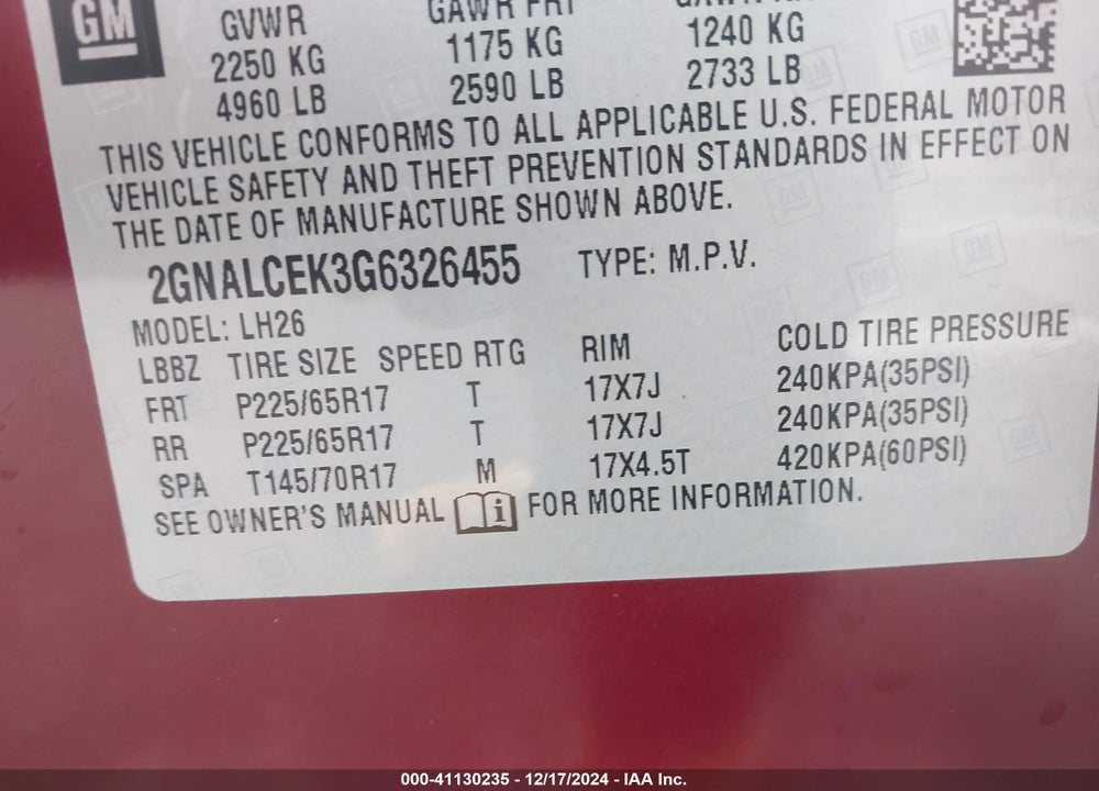 2016 CHEVROLET EQUINOX LT VIN: 2GNALCEK3G6326455