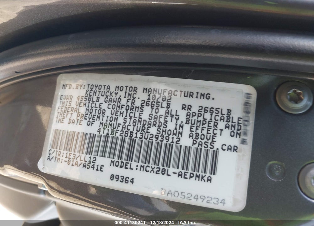 2003 TOYOTA AVALON XL VIN: 4T1BF28B13U293912