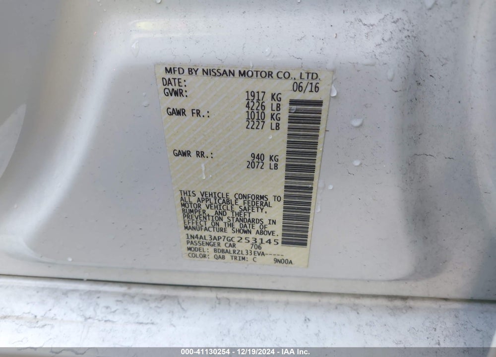 2016 NISSAN ALTIMA 2.5 SL VIN: 1N4AL3AP7GC253145