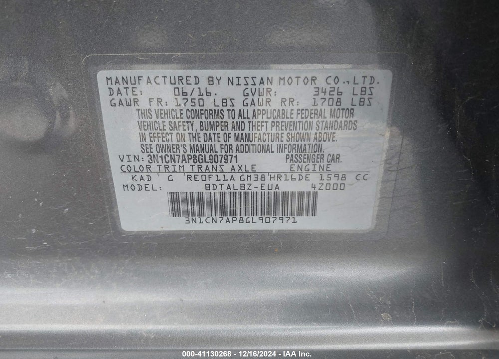 2016 NISSAN VERSA 1.6 SV VIN: 3N1CN7AP8GL907971