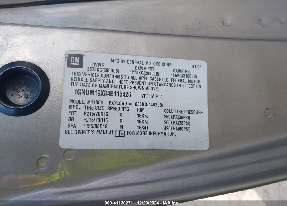 2004 CHEVROLET ASTRO VIN: 1GNDM19X84B115426