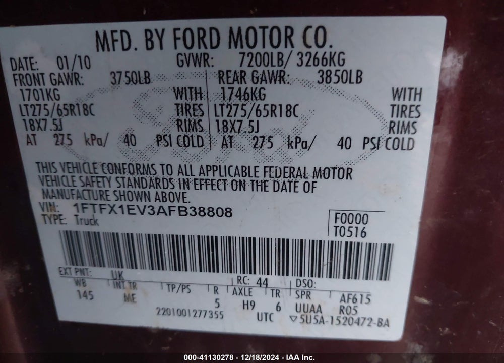 2010 FORD F-150 FX4/LARIAT/XL/XLT VIN: 1FTFX1EV3AFB38808