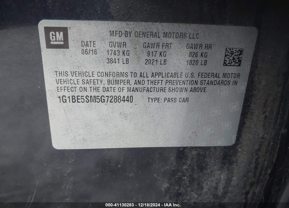 2016 CHEVROLET CRUZE LT AUTO VIN: 1G1BE5SM5G7288440