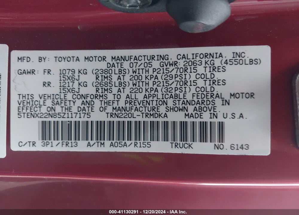 2005 TOYOTA TACOMA VIN: 5TENX22N85Z117175