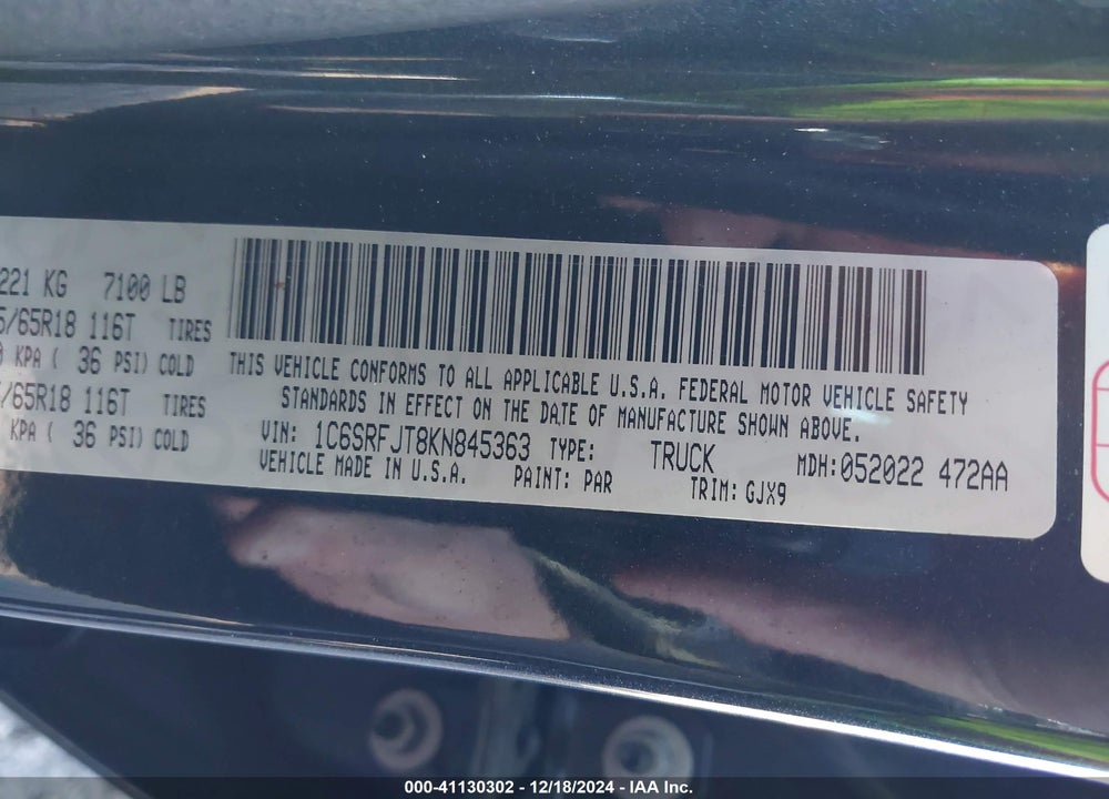 2019 RAM 1500 VIN: 1C6SRFJT8KN845363
