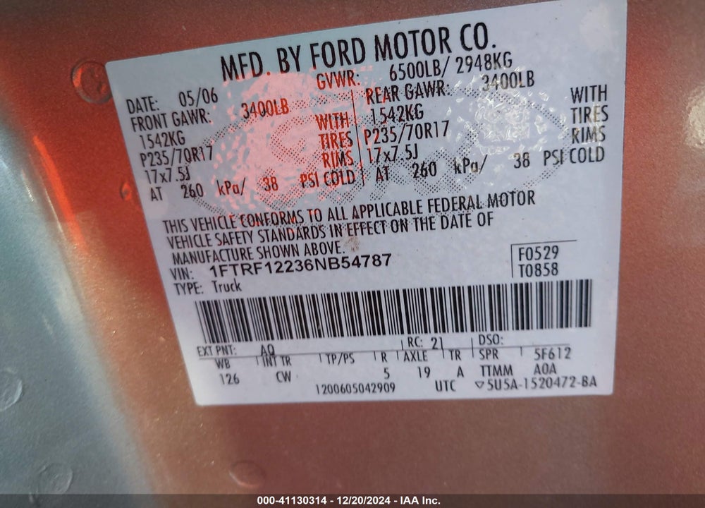 2006 FORD F-150 STX/XL/XLT VIN: 1FTRF12236NB54787