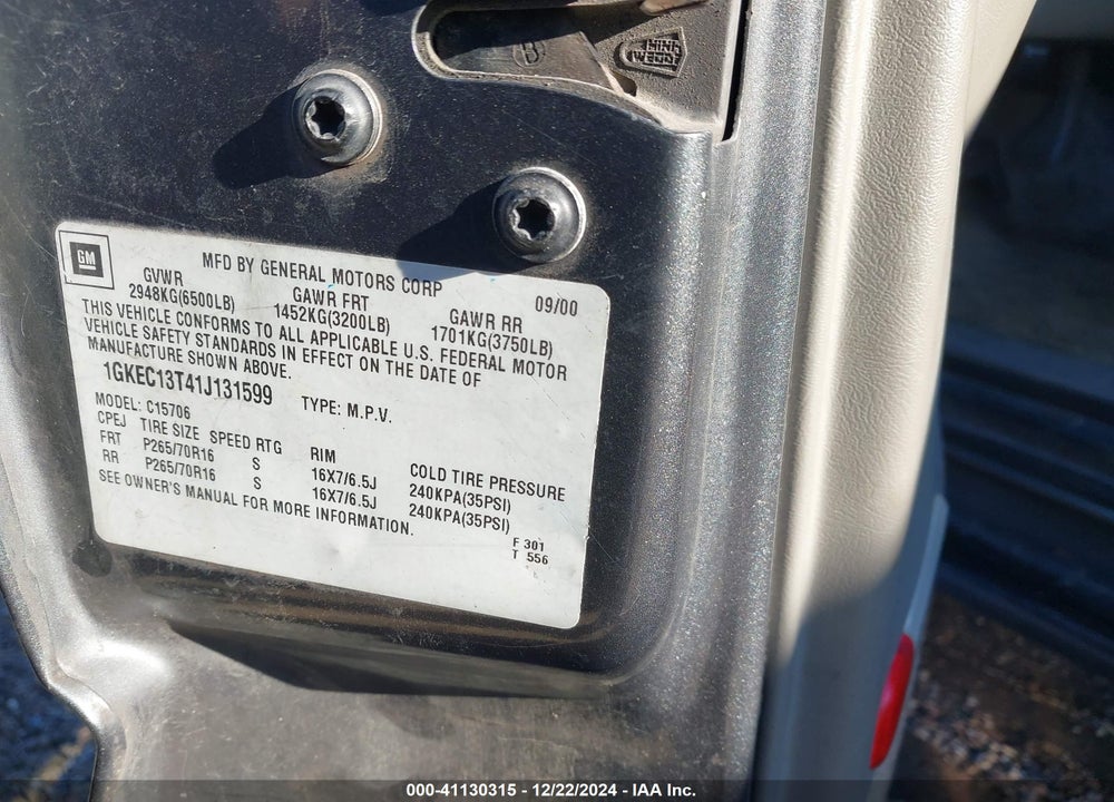 2001 GMC YUKON SLT VIN: 1GKEC13T41J131599