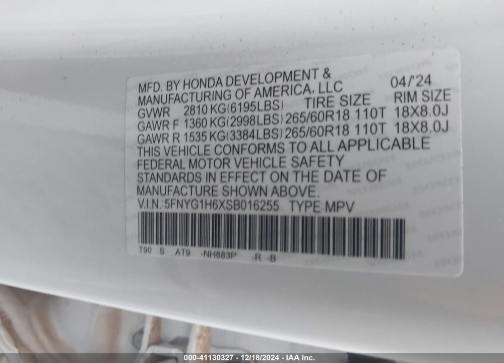 2025 HONDA PILOT TRAILSPORT VIN: 5FNYG1H6XSB016255