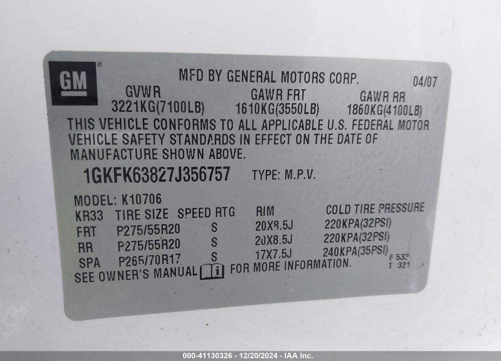 2007 GMC YUKON DENALI VIN: 1GKFK63827J356757