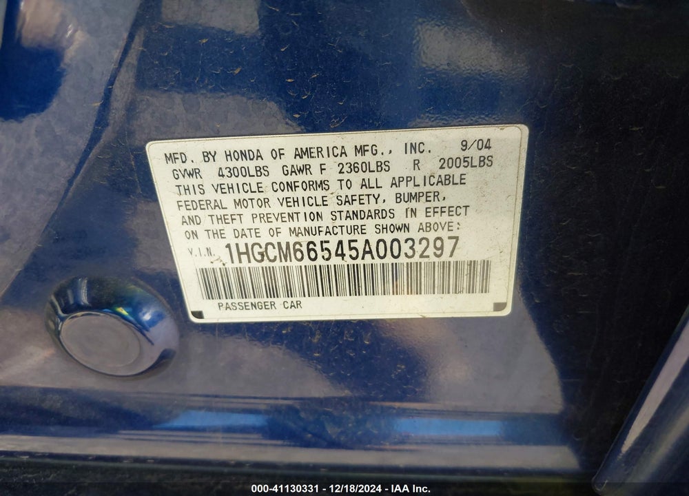 2005 HONDA ACCORD 3.0 EX VIN: 1HGCM66545A003297