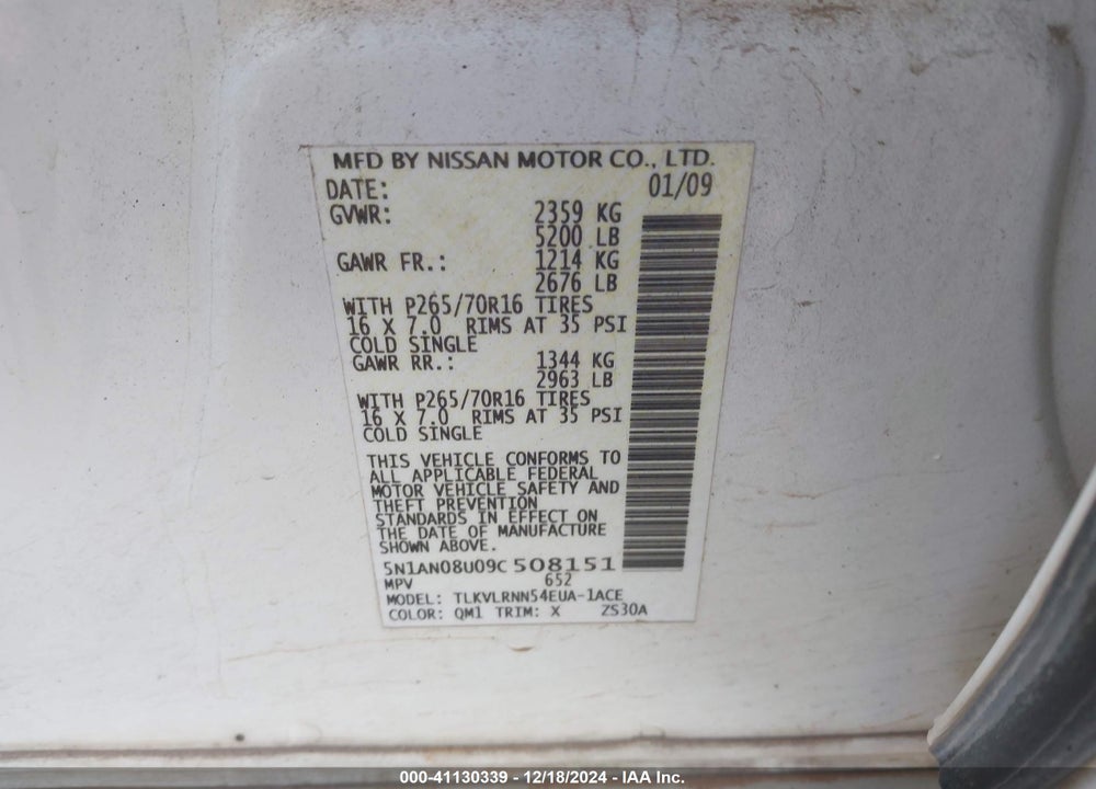 2009 NISSAN XTERRA S VIN: 5N1AN08U09C508151
