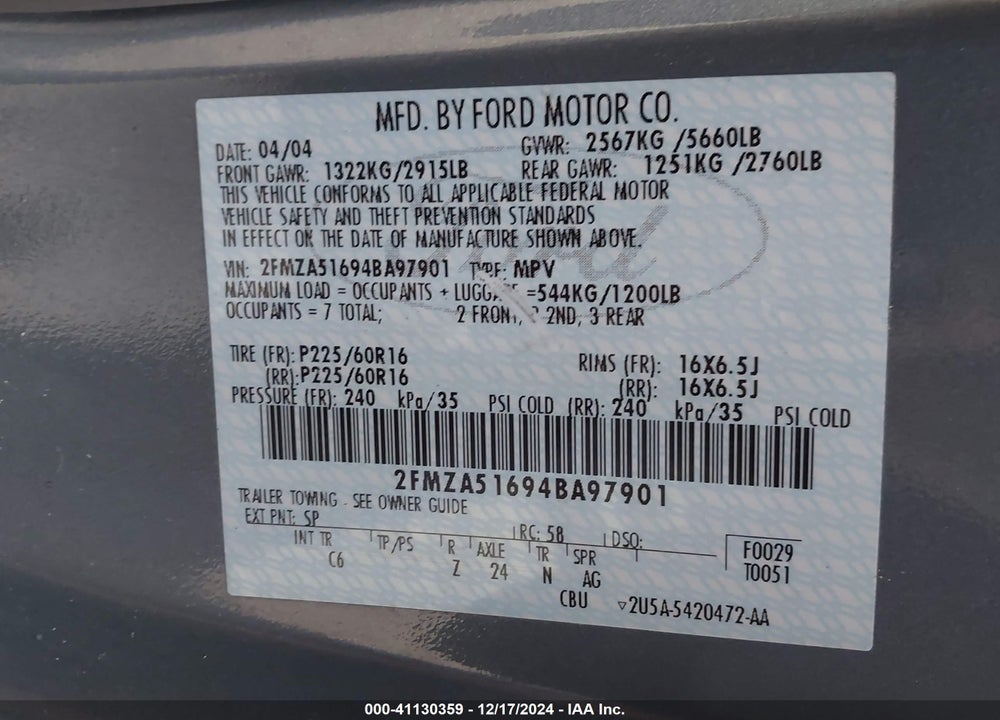 2004 FORD FREESTAR SE VIN: 2FMZA51694BA97901