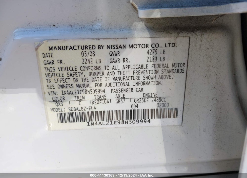 2008 NISSAN ALTIMA 2.5 S VIN: 1N4AL21E98N509994