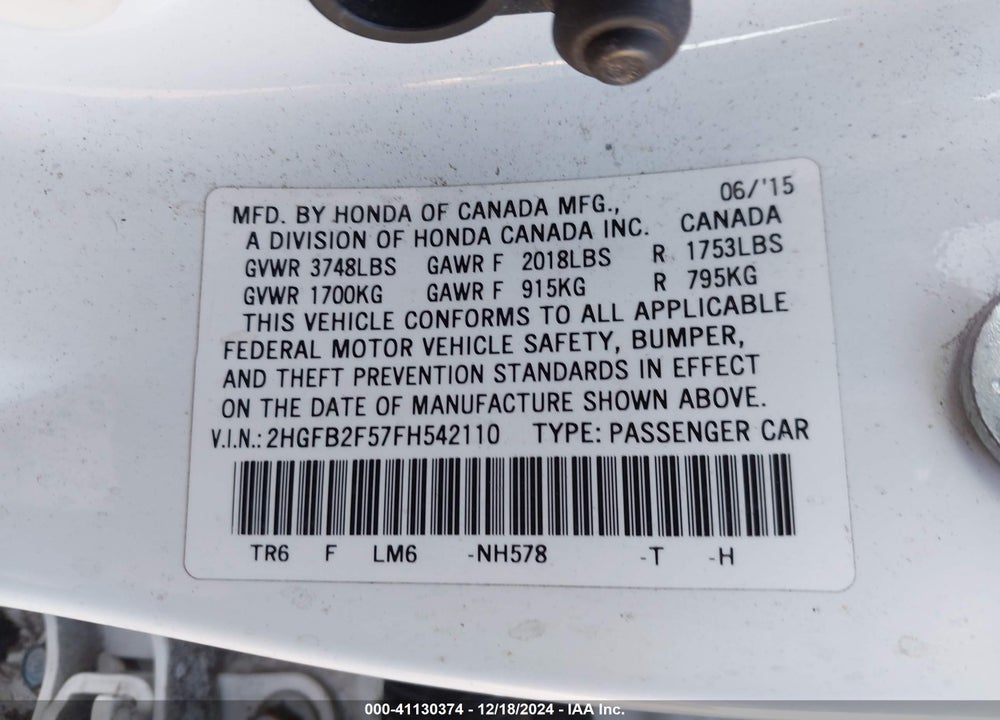 2015 HONDA CIVIC LX VIN: 2HGFB2F57FH542110