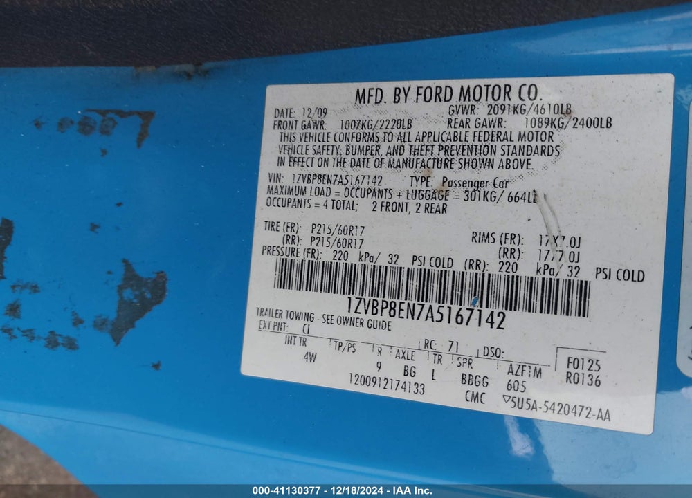 2010 FORD MUSTANG VIN: 1ZVBP8EN7A5167142