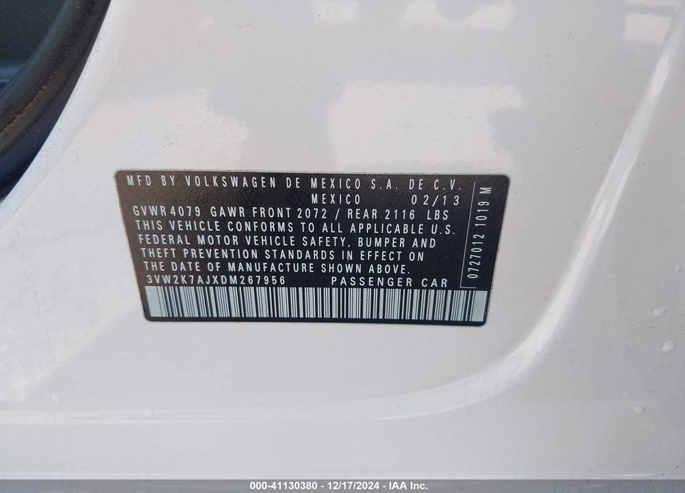 2013 VOLKSWAGEN JETTA 2.0L S VIN: 3VW2K7AJXDM267956