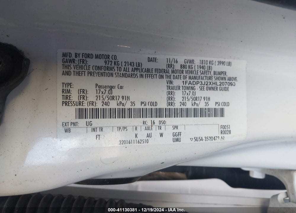 2017 FORD FOCUS VIN: 1FADP3J2XHL207090