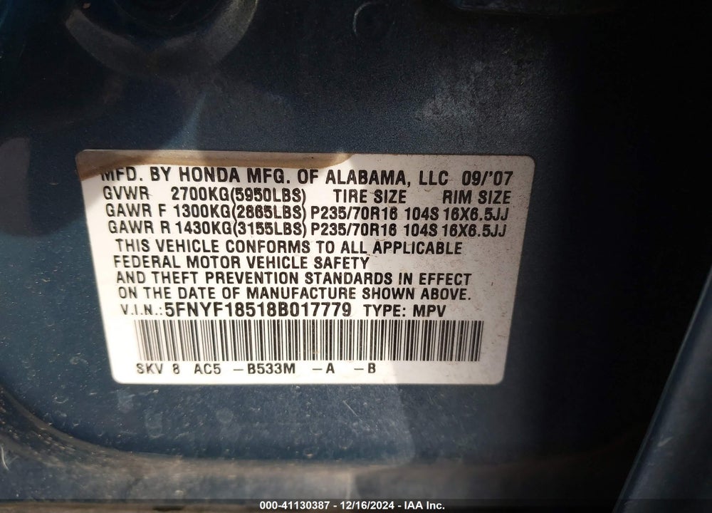 2008 HONDA PILOT EX-L VIN: 5FNYF18518B017779