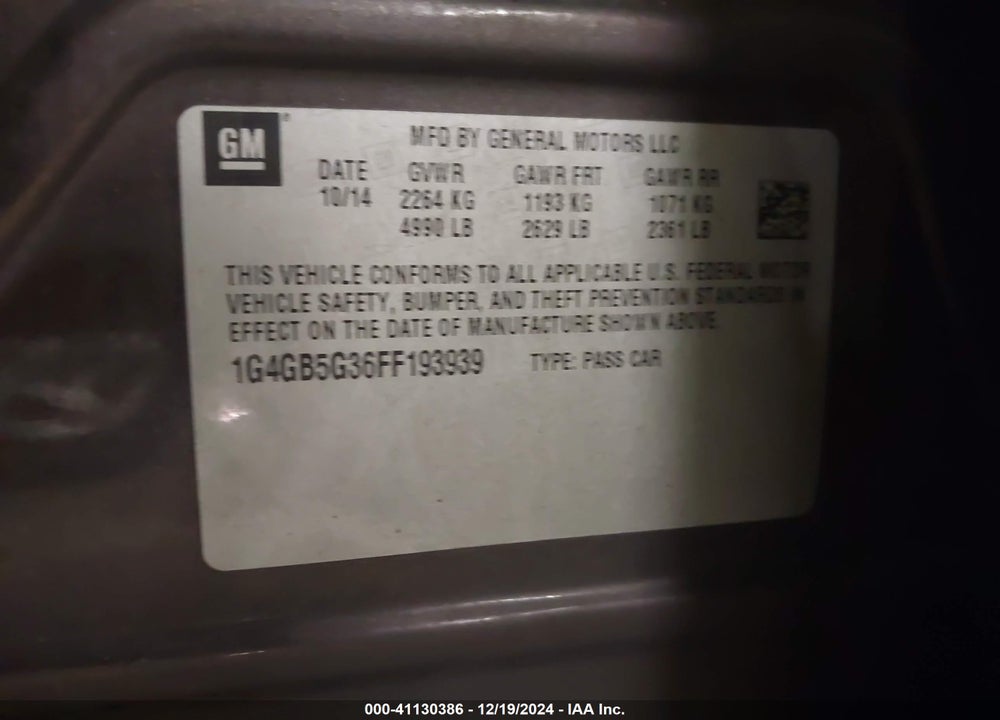 2015 BUICK LACROSSE LEATHER VIN: 1G4GB5G36FF193939