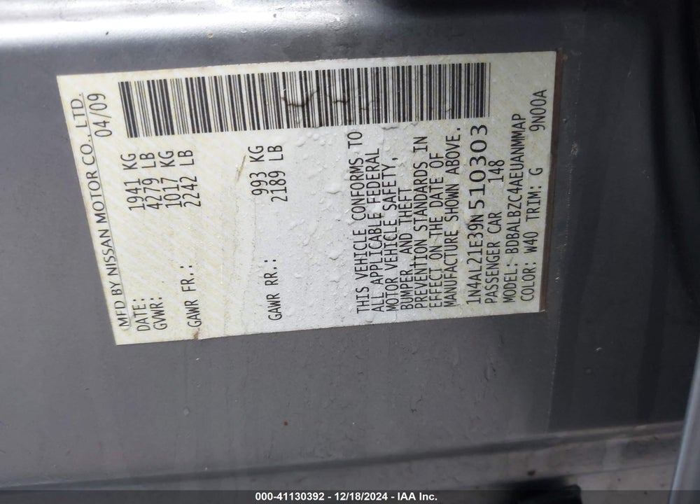 2009 NISSAN ALTIMA 2.5 S VIN: 1N4AL21E39N510303