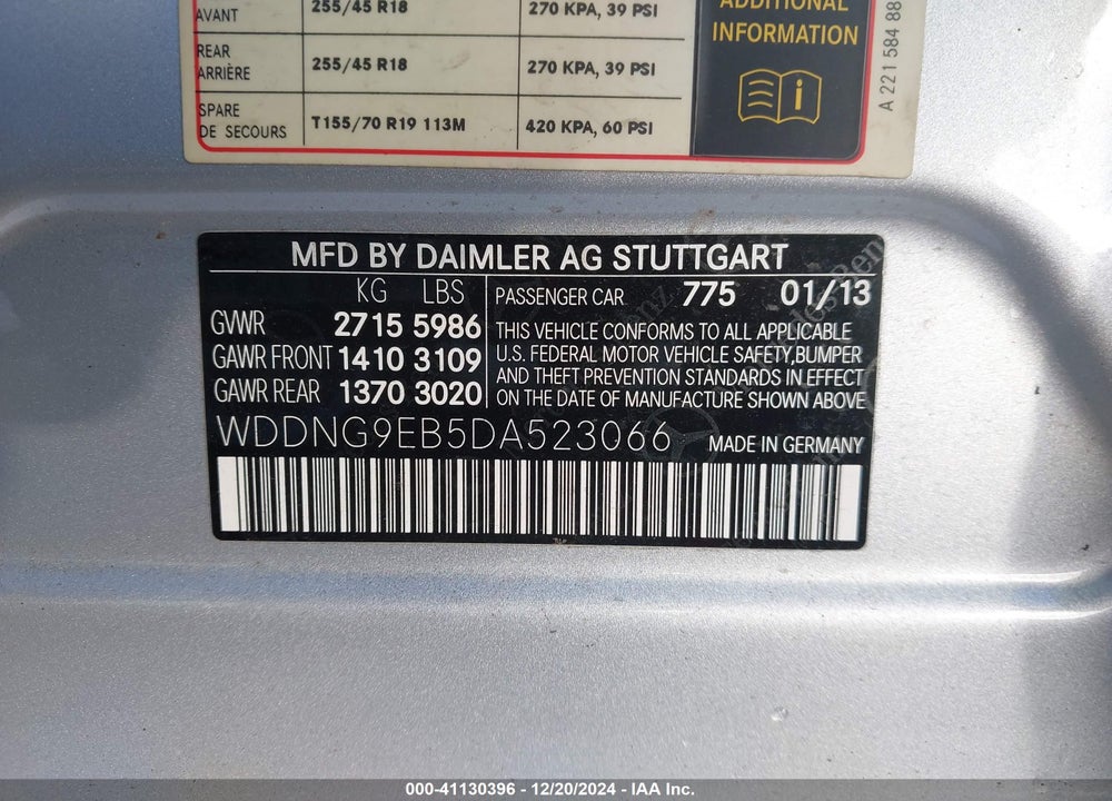 2013 MERCEDES-BENZ S 550 4MATIC VIN: WDDNG9EB5DA523066