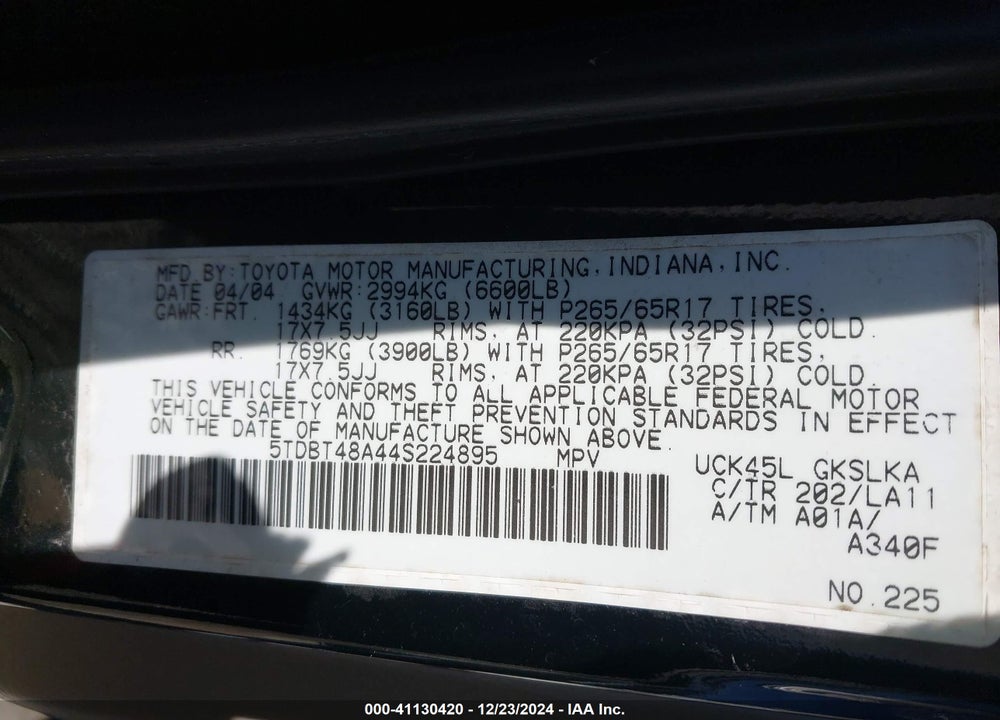2004 TOYOTA SEQUOIA LIMITED V8 VIN: 5TDBT48A44S224895