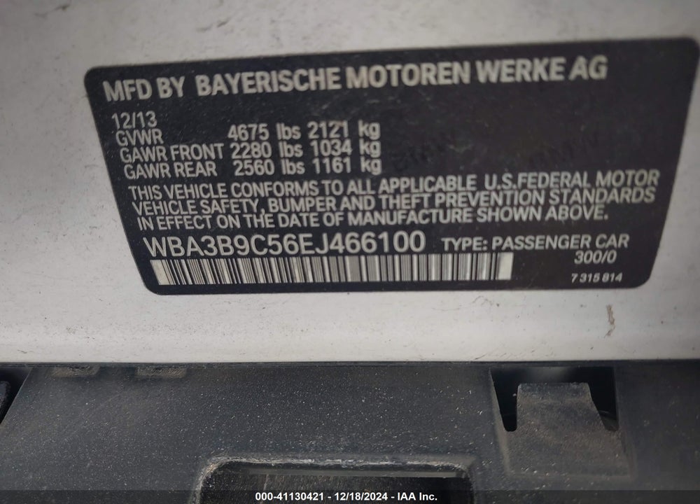 2014 BMW 335I VIN: WBA3B9C56EJ466100