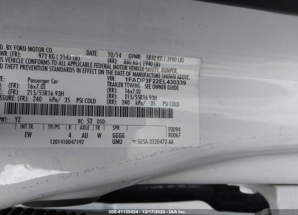 2014 FORD FOCUS SE VIN: 1FADP3F22EL430339