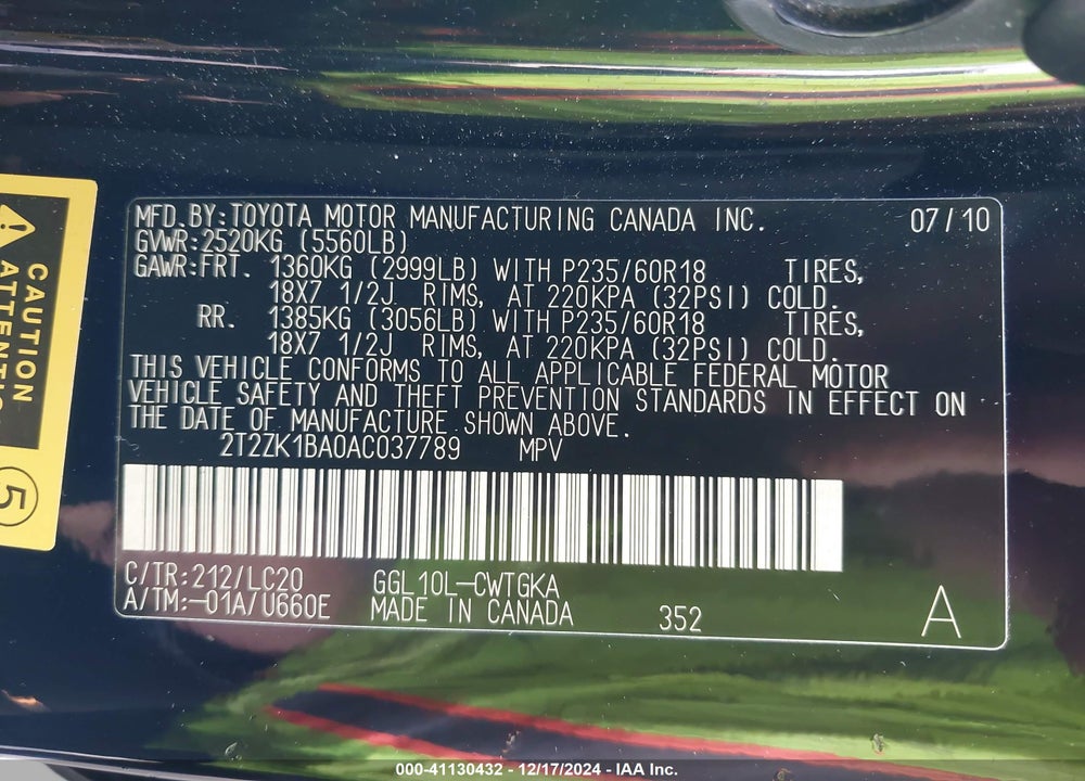 2010 LEXUS RX 350 VIN: 2T2ZK1BA0AC037789