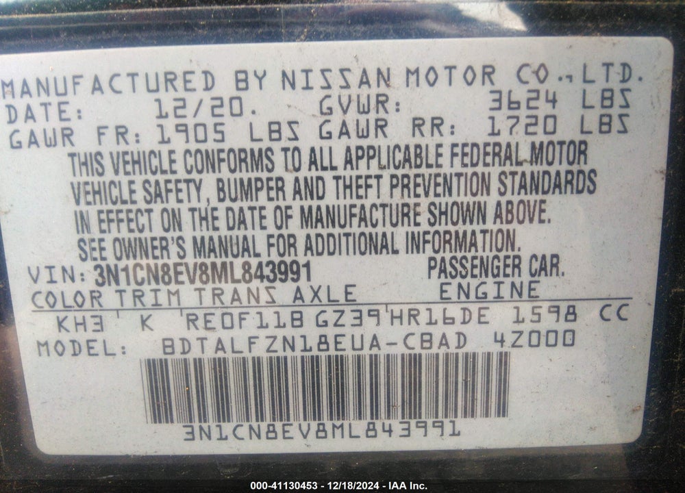 2021 NISSAN VERSA VIN: 3N1CN8EV8ML843991