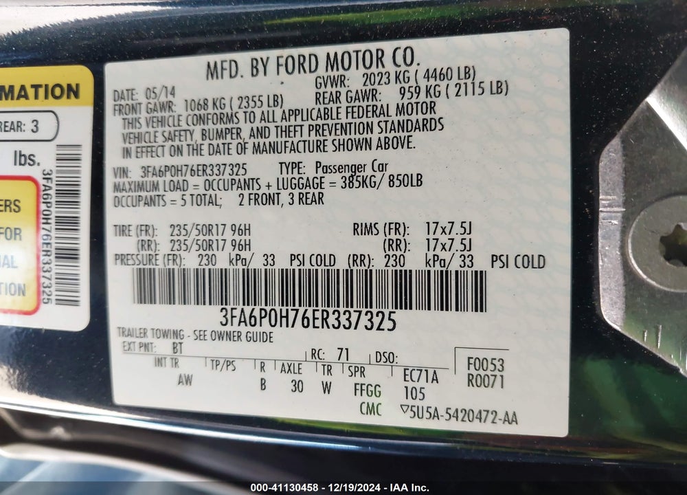 2014 FORD FUSION VIN: 3FA6P0H76ER337325