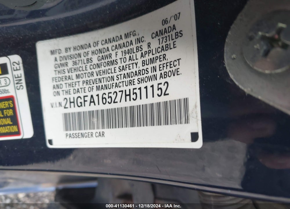 2007 HONDA CIVIC LX VIN: 2HGFA16527H511152