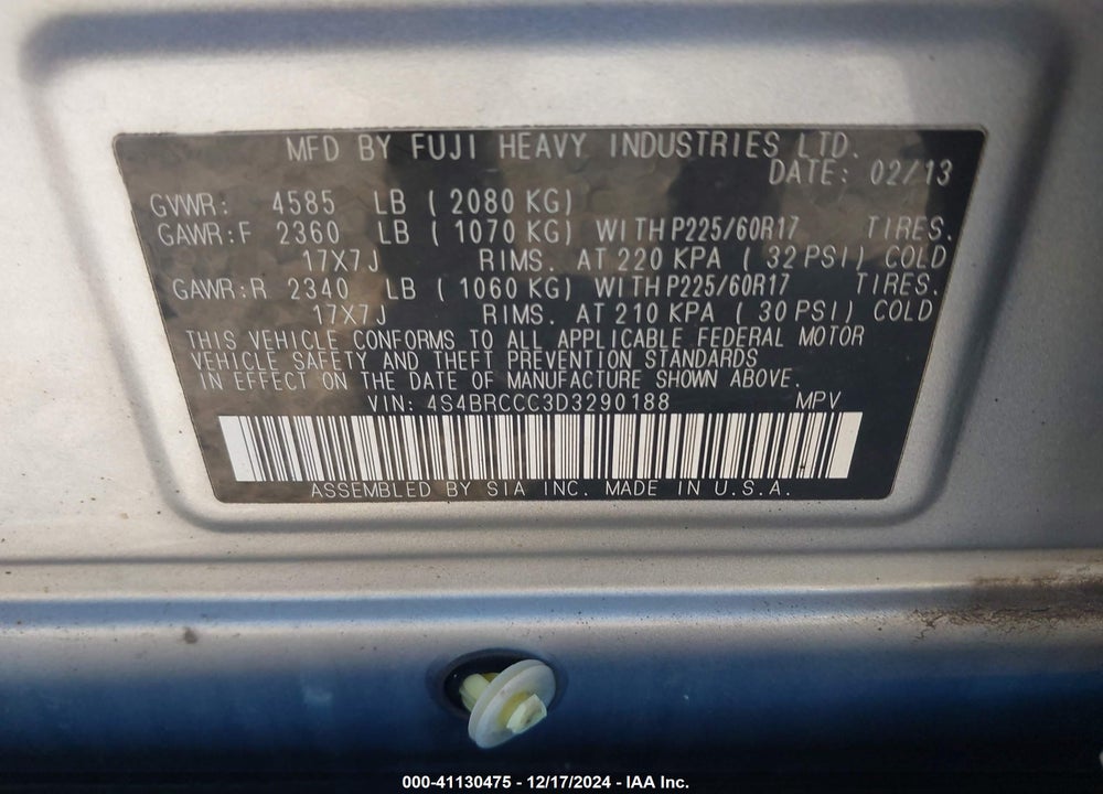 2013 SUBARU OUTBACK 2.5I PREMIUM VIN: 4S4BRCCC3D3290188