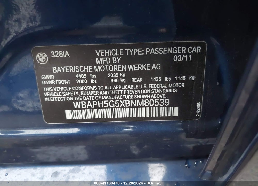 2011 BMW 328I VIN: WBAPH5G5XBNM80539