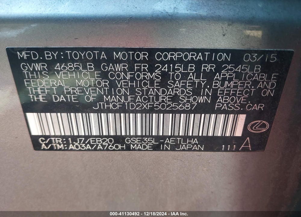 2015 LEXUS IS VIN: JTHCF1D2XF5025687