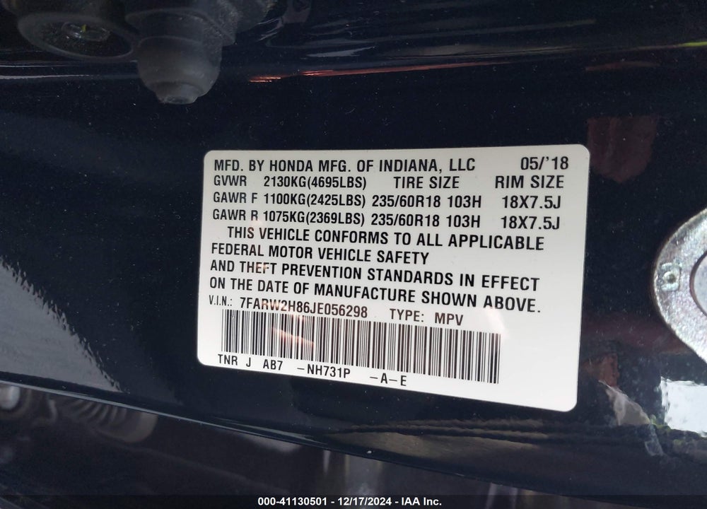 2018 HONDA CR-V VIN: 7FARW2H86JE056298