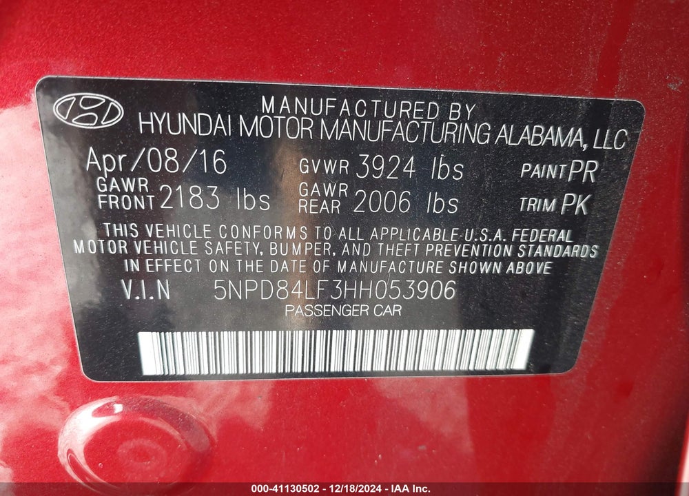 2017 HYUNDAI ELANTRA VIN: 5NPD84LF3HH053906