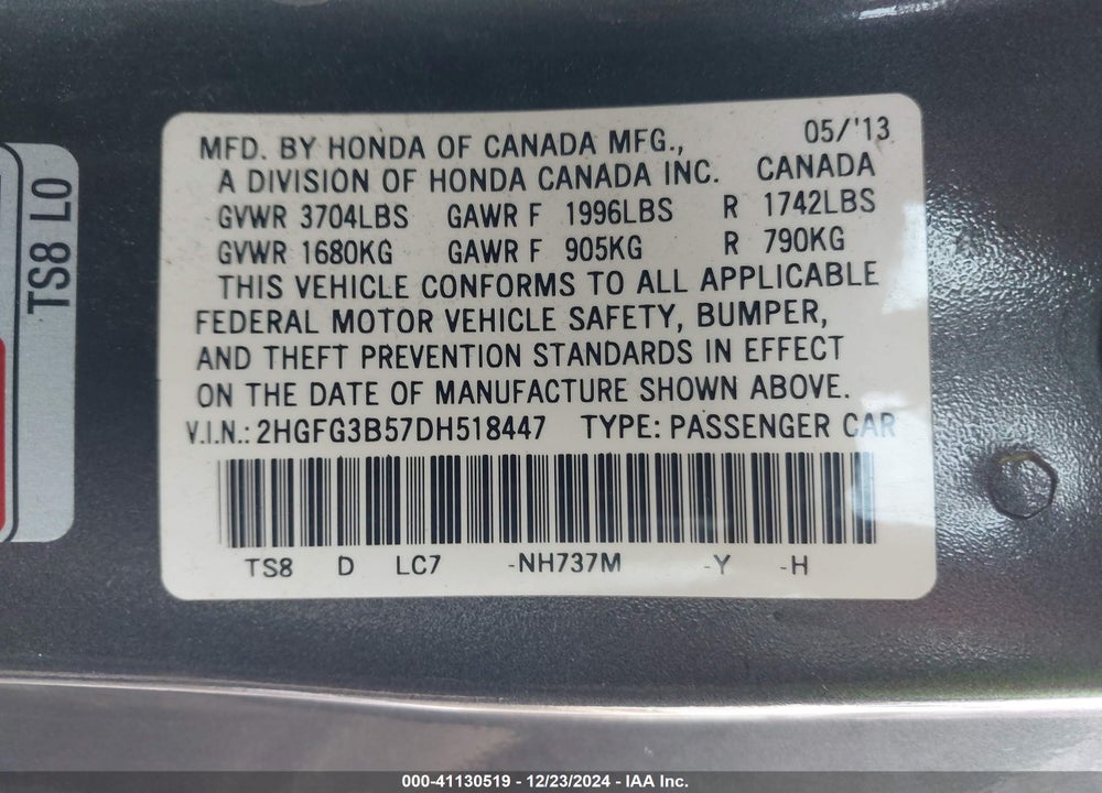 2013 HONDA CIVIC LX VIN: 2HGFG3B57DH518447