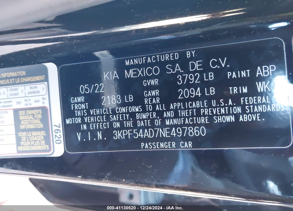 2022 KIA FORTE VIN: 3KPF54AD7NE497860