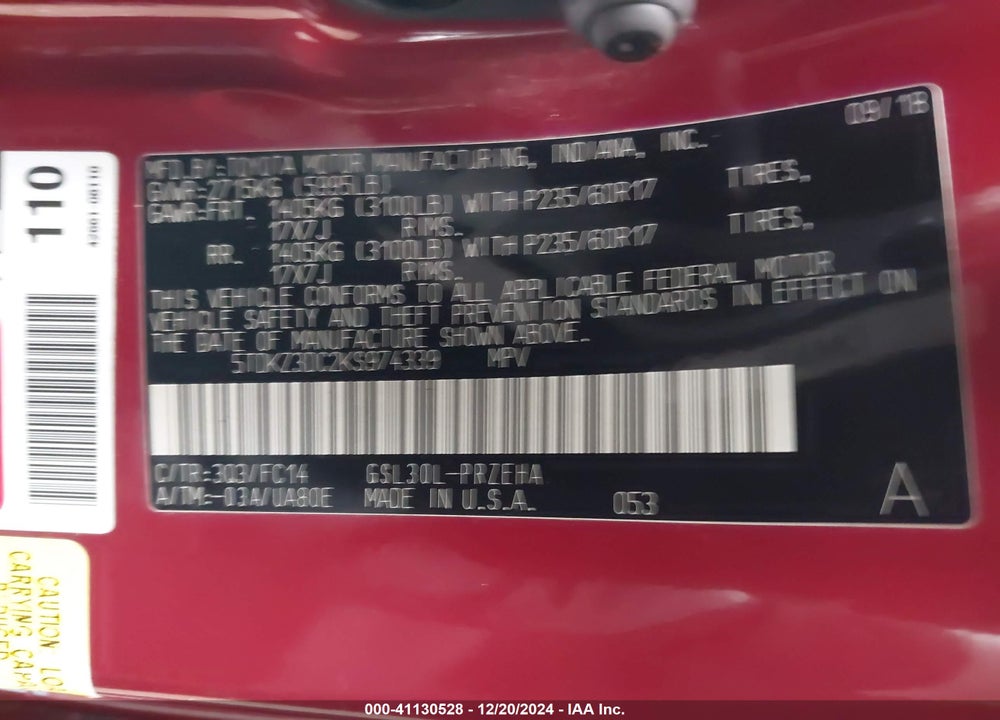 2019 TOYOTA SIENNA LE 8 PASSENGER VIN: 5TDKZ3DC2KS974339