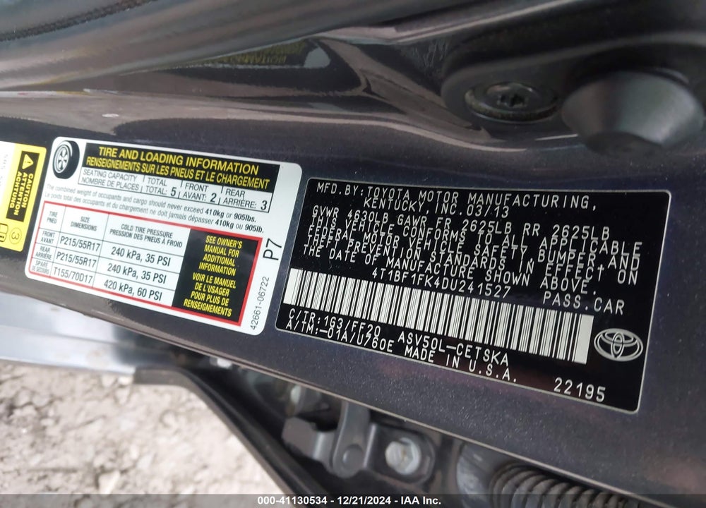 2013 TOYOTA CAMRY SE VIN: 4T1BF1FK4DU241527