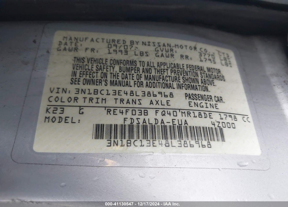 2008 NISSAN VERSA 1.8S VIN: 3N1BC13E48L386968