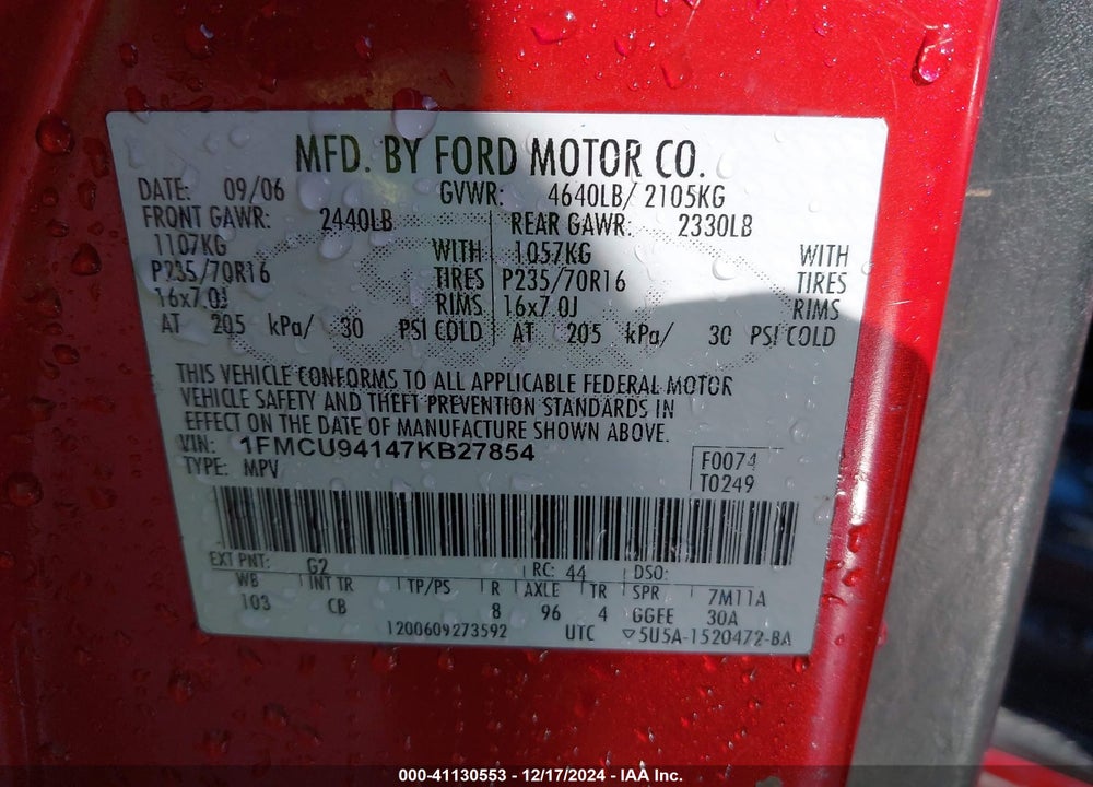 2007 FORD ESCAPE LIMITED VIN: 1FMCU94147KB27854