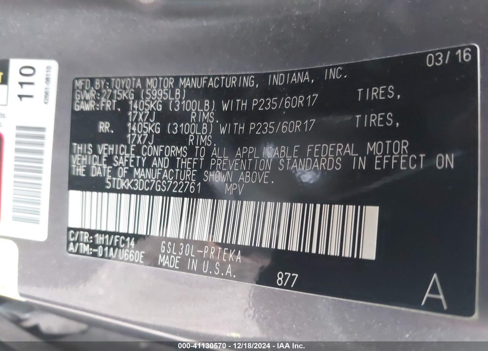 2016 TOYOTA SIENNA LE 8 PASSENGER VIN: 5TDKK3DC7GS722761